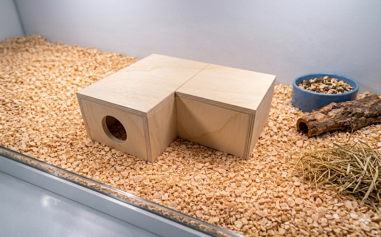 3-Room Corner Hamster House Made of Natural Wood