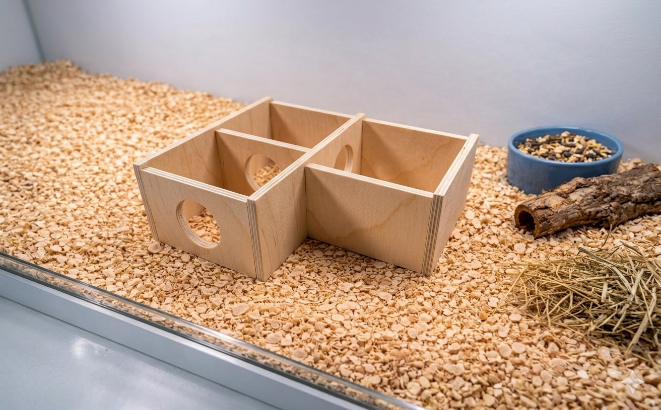 3-Room Corner Hamster House Made of Natural Wood